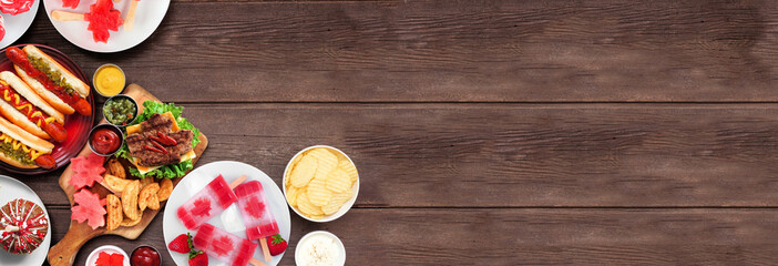 Aufkleber - Canada Day patriotic food. Top view corner border on a dark wood banner background. Hot dogs, hamburgers and maple leaf red and white theme snacks. Copy space.