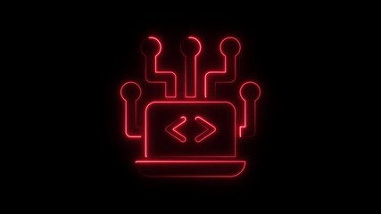 Neon red coding icon on black background illustrating computer programming and technology development