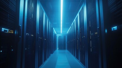 Aufkleber - 3D render of a blue-lit data center hallway with rows of server cabinets, ideal for cloud computing, IT infrastructure, network security, and futuristic tech themes