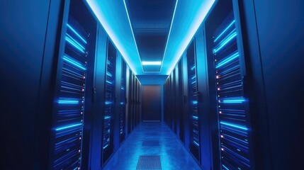 Aufkleber - Symmetrical 3D render of glowing server racks in a futuristic blue-lit data center corridor, ideal for cloud computing, tech infrastructure, and cybersecurity visuals