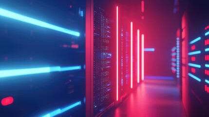Fototapete - 3D render of high-tech data servers with striking red and blue neon lights in a futuristic corridor, perfect for cloud, AI, cybersecurity, and digital infrastructure use cases