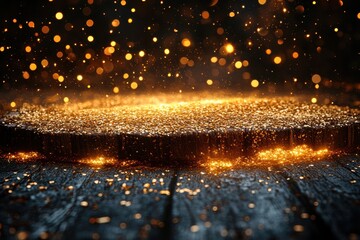 Wall Mural - sparkling particles create a mesmerizing effect on a dark wooden surface during an evening event