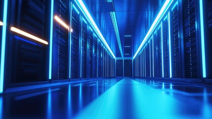 Aufkleber - Symmetrical glowing corridor lined with blue-lit server racks, perfect for showcasing cloud infrastructure, data security, and futuristic technology environments