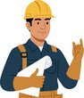 © DesignVectX - Construction worker with safety helmet holding blueprint vector illustration in blue and yellow colors