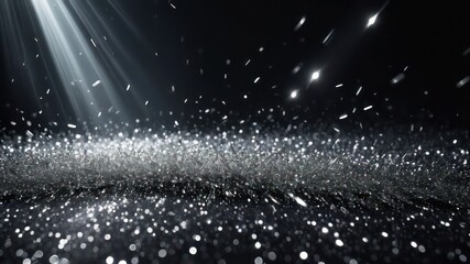 abstract silver glitter with light beams and falling particles
