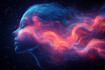 Wall Mural - artistic representation of a woman's face with vibrant cosmic colors merging into swirling ethereal 