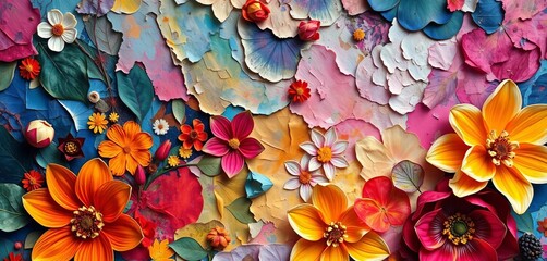 Wall Mural - Vibrant floral fragment, abstract oil paint texture, multicolored blooms, AI generated,  brushstrokes,  art