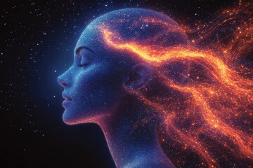 Wall Mural - cosmic woman with glowing hair surrounded by stars in a celestial setting