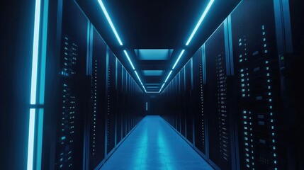 Aufkleber - Futuristic data center with rows of glowing server racks under blue neon lighting in a symmetrical hallway. Ideal for cloud computing, cybersecurity, and IT infrastructure themes