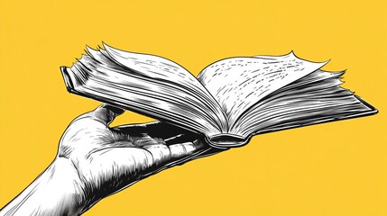 A contemporary art collage features a human hand holding an open book against a yellow background, representing the intersection of reading apps, book reviews, education, reading, and knowledge, and