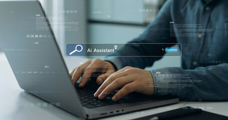 Person using laptop with Ai bot Content Generator.	Image generator, documents, marketing and advertising, bot writing and coding.Interaction with the Ai assistant to solve some tasks more easily. 