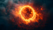 © oman - A luminous, circular neon ring glows brightly against a backdrop of dark, fiery clouds and smoke, creating a dramatic, apocalyptic atmosphere