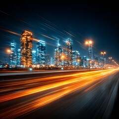 Poster - Cityscape at Night: Motion Blur of Car Lights on Highway with Illuminated Skyscrapers in Background