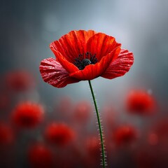 Aufkleber - Crimson Elegance: A Single Red Poppy Stands Tall in a Field of Blurred Blooms, Bathed in Soft Light and Evoking a Sense of Tranquility 