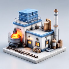 Aufkleber - Miniature Cartoon Factory Model: Isometric Industrial Building Displaying Manufacturing and Processing Elements