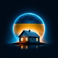 Poster - Serene Ukrainian Night: A Cozy Cabin Glows Under a Moon Reflecting National Colors in a Dreamlike Landscape