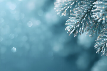 Wall Mural - Elegant New Year's blue background with snowy fir branches. Merry Christmas and Happy New Year greeting card.	
