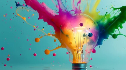 Wall Mural - creative lightbulb exploding with vibrant colors on a blue background
