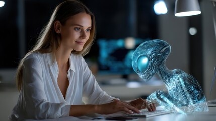 Leinwandbilder - A woman is sitting at a desk with a keyboard in front of her