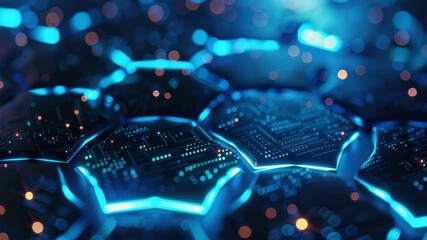 Wall Mural - abstract futuristic glowing blue hexagon pattern with circuit board details