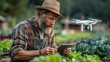 © Fajar - Farming technology Drone aerial view monitoring crops on tablet
