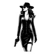 © slowbuzzstudio - Confident Woman in Suit and Hat Holding Gun with Determined Look in Detailed Black and White Illustration