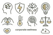 © Josu - Set of hand-drawn corporate wellness icons representing mental health, stress management, energy balance, mindfulness, emotional support, and workplace well-being concepts
