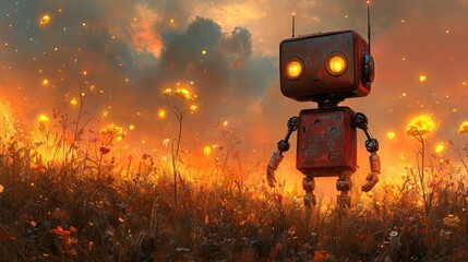 Rusty robot in a field of wildflowers at sunset