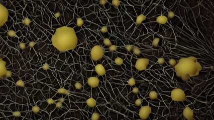 Abstract macro view of yellow spheres on a dark, intricate network