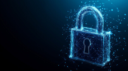 blue glowing lock floating in digital space, symbolizing modern cybersecurity, protected data transm