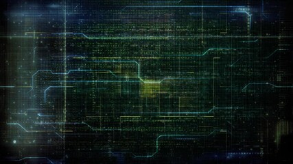 Wall Mural - circuit board ai thought process 4k loop features animated scrolling text on a dark background with 