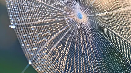 Close up view of a spiderweb with dew drops glistening in early morning light forming intricate patterns