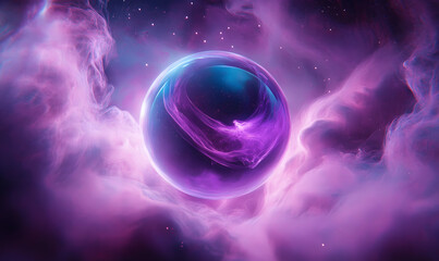 Wall Mural - ethereal orb glows, suspended in swirling purple nebulae , texture, outer space