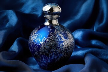 Poster - Dark, regal perfume bottle on a rich blue fabric.