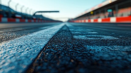 Wall Mural - a close-up shot of an empty f1 track focusing on the pit area, showcasing the asphalt and racing lin