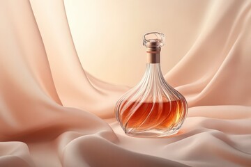 Poster - Elegant glass bottle set on flowing peach silk.
