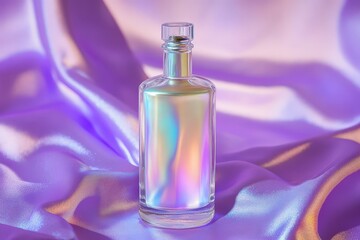 Poster - Stylish iridescent perfume bottle on purple silk fabric.