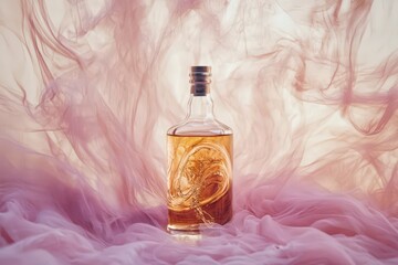 Poster - Elegant glass bottle with light amber liquid, soft pink background.