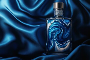 Poster - Elegant perfume bottle on rich blue fabric.