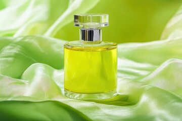Poster - Elegant yellow perfume bottle on a silk backdrop.