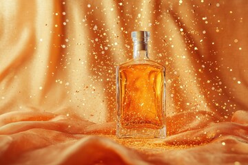 Poster - Golden liquid bottle on a peachy background with glitter.