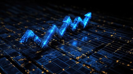 Poster - Futuristic blue digital graph with glowing lines and upward arrows over a dark grid background, symbolizing growth