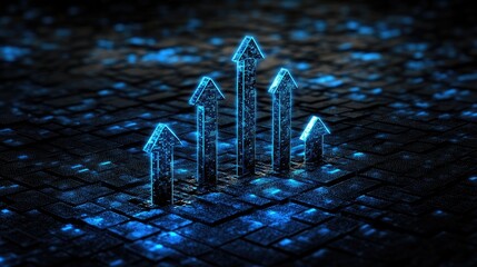 Poster - Futuristic blue digital graph with glowing lines and upward arrows over a dark grid background, symbolizing growth