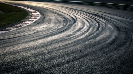 Wall Mural - a captivating view of an empty f1 track featuring sweeping curves and tire marks. the evening light 