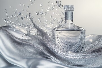Poster - Silver bottle immersed in liquid splashes and flowing fabric.