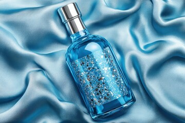 Poster - Light blue perfume bottle on a luxurious satin surface.