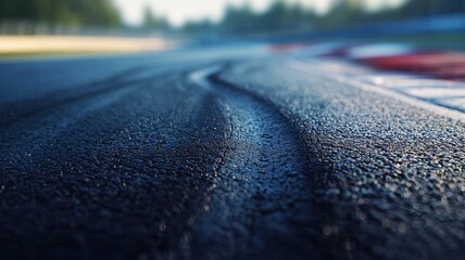 Wall Mural - a close-up view of an empty formula one track, showcasing the smooth asphalt surface and tire marks.