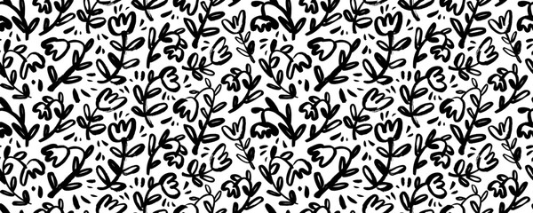 Poster - Seamless pattern with brush drawn bold flowers and stems. Chamomile hand painted vector background.