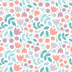 Aufkleber - Pastel colored botanical seamless pattern with crayon drawn branches, leaves, flowers and berries. Hand drawn vector decorative wrapping paper. Naive funky wallpaper in childish girly style.