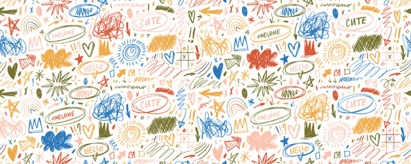 Aufkleber - Colorful childish crayon drawn doodle seamless banner design. Creative cute abstract squiggles, scribbles and kid's doodles.